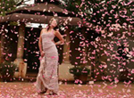 Невеста в облаке пурпурного и белого бумажного конфетти